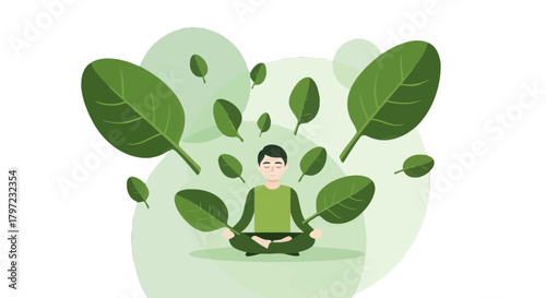 Zen Person Meditating Surrounded by Green Leaves Reflecting Peaceful Tranquility