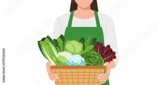 Woman Presenting Freshly Harvested Vegetables in a Woven Basket on Dark Background