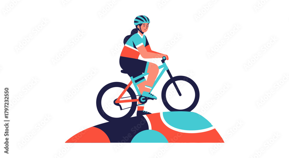 Fototapeta premium Woman Riding Bicycle On Mountainous Terrain With Colorful Geometric Illustration