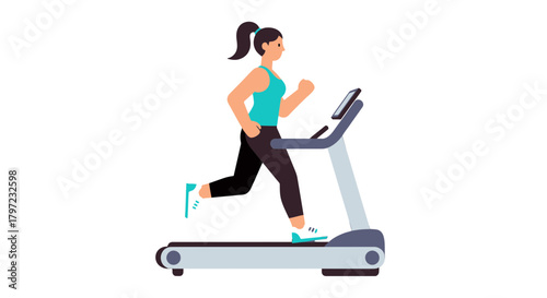 Woman Running On A Treadmill Isolated On Black Background For Fitness Theme