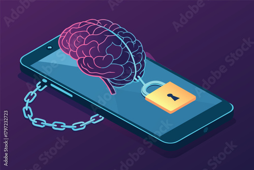 Digital addiction metaphor, brain locked inside a glowing phone screen, trapped by connectivity, glowing wires, social media icons.