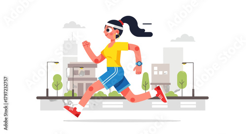 Woman Runs Through Urban Setting, Animated Illustration Depicting Modern Active Lifestyle