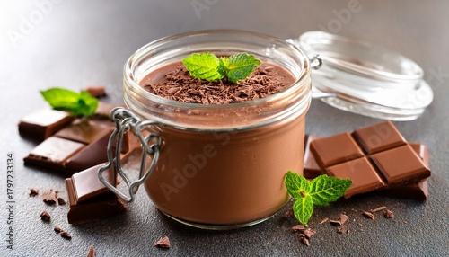 chocolate mousse dessert in a glass jar garnished with chopped chocolate and mint