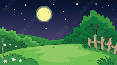 Night sky scene with moon and stars over grassy field