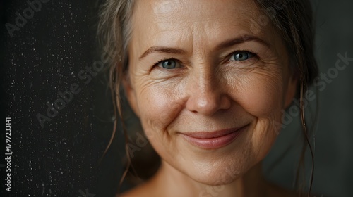 A close up portrait of a smiling elderly woman with grey hair and weathered skin looking calmly ahead