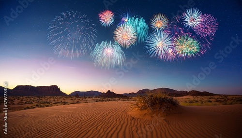 a quiet desert landscape at night with fireworks lighting up the sky in vibrant colors