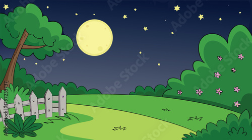 Night landscape with moon and stars over grassy field