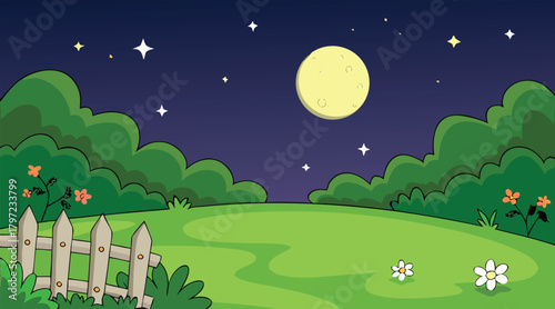 Night scene with moon, stars, and grassy field