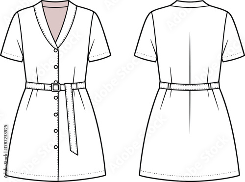 PrintModern short sleeve dress flat sketch, button down belted outfit design, stylish women clothing template, elegant fashion illustration, vector garment drawing
