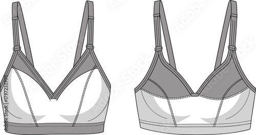 PrintModern stylish women bra design front and back view, lingerie fashion illustration, adjustable straps, seamless comfort, detailed sewing, vector art