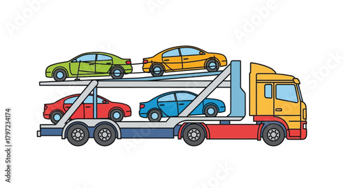 Colorful illustration depicting a car carrier truck transporting multiple vehicles
