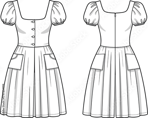 PrintPuff sleeve button front dress flat sketch, vintage style women outfit design, fashion technical drawing with pockets and flared skirt