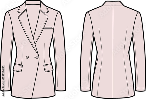 PrintPink double breasted blazer jacket front and back view, elegant women’s formal coat fashion flat sketch vector clothing design