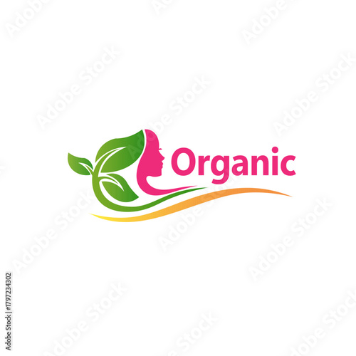 Organic Beauty Logo with Leaf and Female Face Silhouette