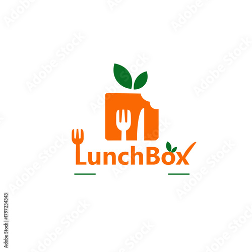 Lunch Box Food Delivery Logo, Healthy Meal Preparation Emblem with Cutlery and Leaf, Restaurant App Icon Vector