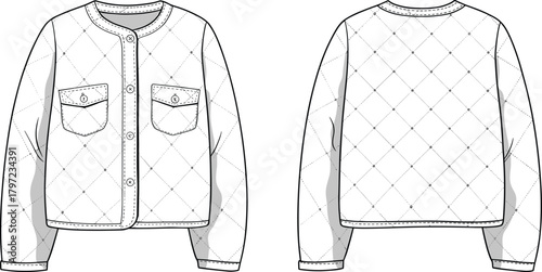 PrintQuilted jacket flat sketch front and back view, fashion technical drawing, apparel design template, padded outerwear illustration, vector clothing outline.