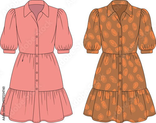 PrintStylish button down women dress vector illustration, long sleeve tiered shirt dress design, casual fashion flat sketch template for apparel