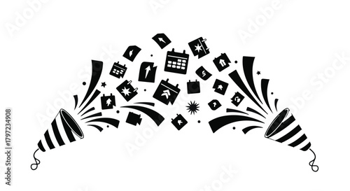 Black and white illustration of party poppers with calendar and arrow icons exploding outward