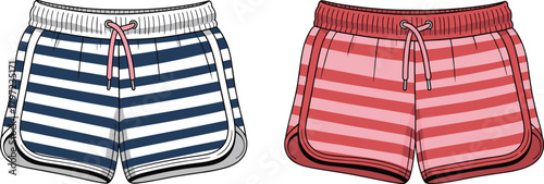 Stylish striped shorts front view, casual summer fashion illustration, beachwear design template, vector clothing mockup for men and women