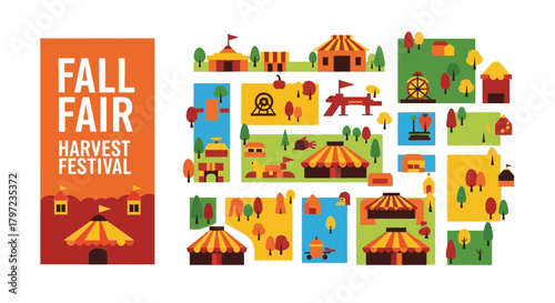 A colorful illustration depicting a fall fair and harvest festival scene