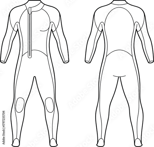 PrintTechnical flat sketch of men’s wetsuit design with front zipper and knee panels, surf diving full body suit fashion illustration template