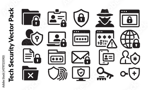 Tech Security Vector Pack. Cyber Safety, Data Protection and Digital Privacy Solid Icons Set. Safe Network and Hacking Prevention.