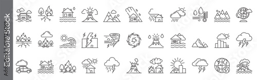 Mega Collection of Natural disaster and climate change line icon set – editable outline symbols of flood, fire, earthquake, volcano, storm, and global warming