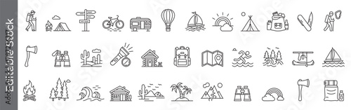 Mega Collection of Camping, hiking, and outdoor adventure line icon set – editable outline symbols of tent, backpack, map, campfire, mountain, and travel