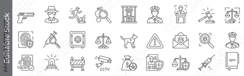 Mega Collection of Law, crime, and justice line icon set – editable outline symbols of police, court, fingerprint, gavel, scales, security, and investigation