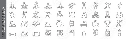 Mega Collection of Fitness, yoga, and healthy lifestyle line icon set – editable outline symbols of exercise, gym, trophy, apple, heart, and workout