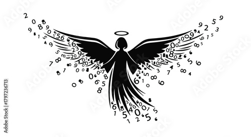 Mysterious silhouette of an angel formed from scattered numbers and data