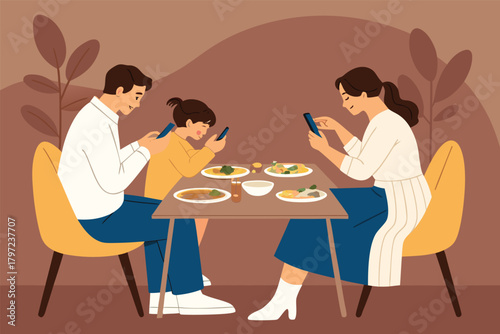 A modern family dinner, disconnected, each person engrossed in their smartphone, illuminated by screen glow, amidst uneaten food.