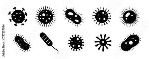 Bacteria and virus icons. Disease-causing bacterias, viruses and microbes.