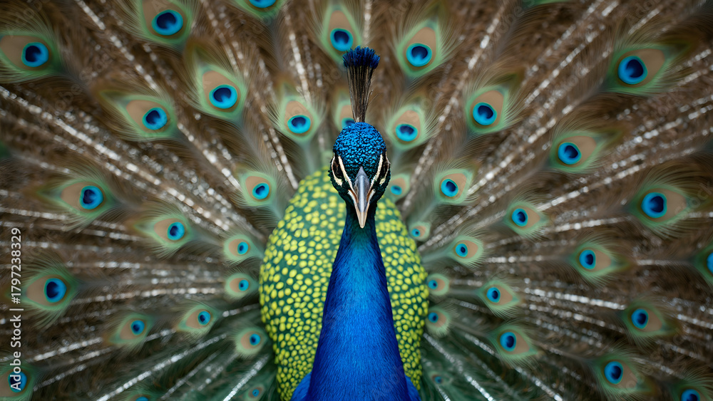 Obraz premium Peacock feather patterns from behind. Ultra realistic peacock feather close-up. Intricate details of peacock plumage. Stunning views of peacock feathers.
