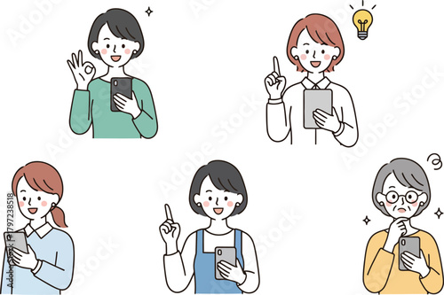 Mobile Technology Set: Women Using Smartphone and Tablet, Idea Generation, Success, and Communication
