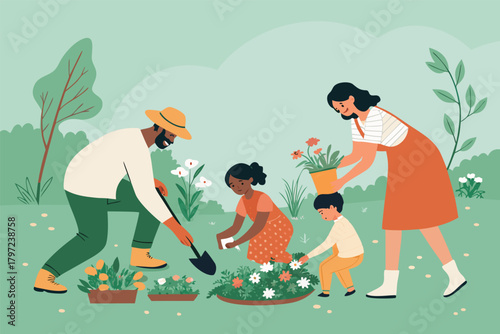 A happy family joyfully gardening together, planting vibrant flowers in a sunlit backyard, flat design illustration.