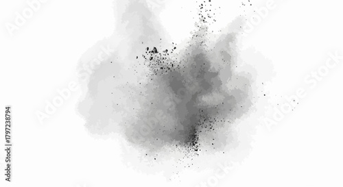 Abstract image of a gray explosion with dark particles on a white background creating dynamic effect