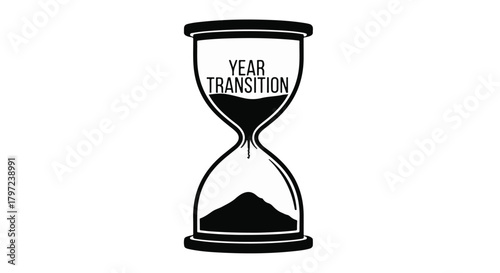 A black and white illustration of an hourglass with year transition written on the top part of it