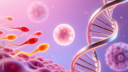 A futuristic cell scene with bright dna like helix and glowing sperm shapes showing male health for infertility issues