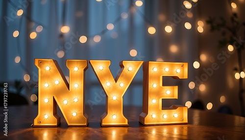 Illuminated nye letters create a festive new years eve atmosphere indoors