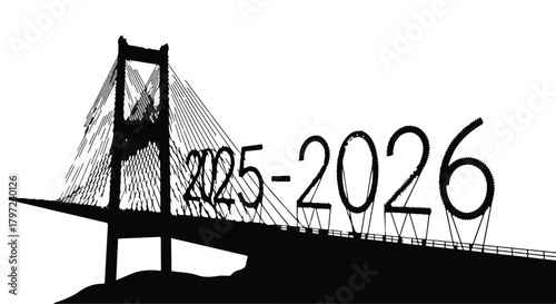 Silhouette of a bridge with the numbers 2025 and 2026 on top in a black and white illustration