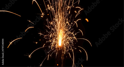 A sparkler burning brightly in the dark with golden sparks flying outwards in an array of directions