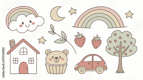 Cute pastel cartoon illustration set
