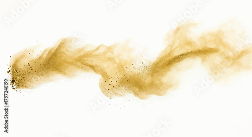 Golden brown dust cloud with particles suspended in air against a white background, abstract image