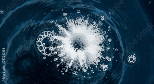 Close up view of water splash with bubbles and ripples in a dark blue liquid surface scene image