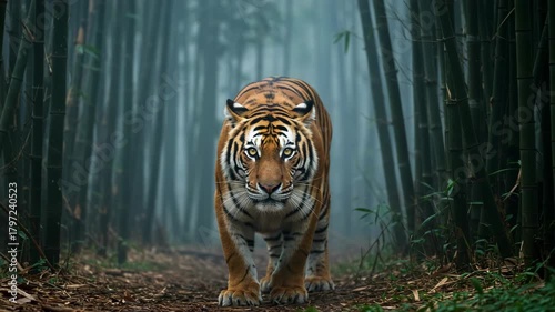 A powerful tiger walking through a misty jungle surrounded by dense greenery captures the wild essence of nature's apex predator.