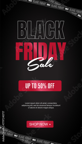 Modern Black Friday sale banner with bold typography, dark background, red accents, and promotional discount elements.