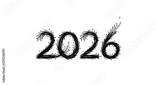 Illustration of the year two thousand twenty six with decorative swirls on a white background