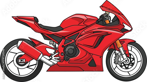 Sleek red sport motorcycle isolated on a white background in a cartoon style