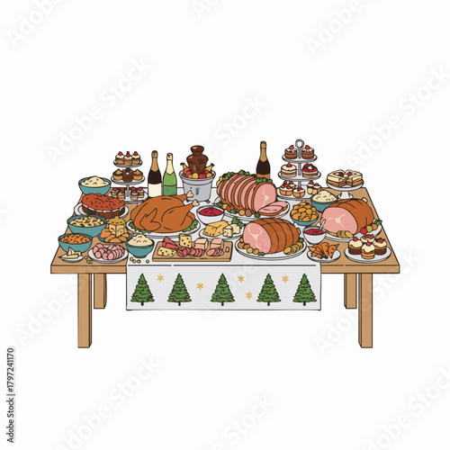 A festive holiday buffet table full of delicious foods.